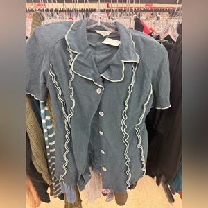 Oris Dark Blue Button Down Shirt with Ruffle Trim